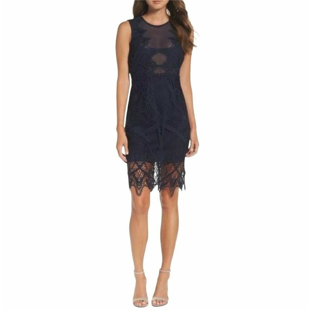Bardot Navy Lace Mesh Pencil Dress Sz. 4 Knee Length Body Con Sleeveless